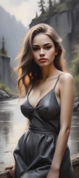 beautiful woman,olpntng style, sketch, charcoal, idyllic scenery, oil painting, heavy strokes, paint dripping