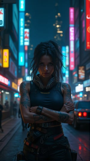 Cyberpunk 2077-inspired scene: Judy Alvarez stands confidently, arms crossed, amidst a backdrop of neon-lit streets and towering cityscapes. Focused gaze and tattooed arms convey her tech-aptitude, while rebellious intensity radiates from her very presence. Framing: low-angle shot highlighting Judy's strong stance, with the cityscape blurred in the background. Lighting: neon hues casting a vibrant glow, punctuated by the cool blues of nightfall. Composition: Judy centered, flanked by dark shadows and urban architecture, emphasizing her individuality amidst the dystopian landscape.