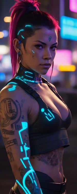 score_9, score_8_up, score_7_up, On the cybernetic streets of Night City, Judy Alvarez from "Cyberpunk 2077" works on a neon-lit tech project. Her tattooed arms and focused gaze accentuate her tech-savvy skills and rebellious allure, making her a standout character in a dystopian world.