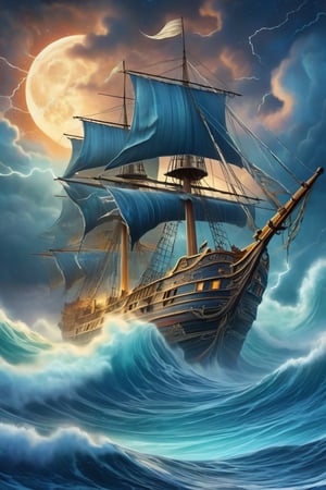 (a drawing of a ghost ship in a stylized design, torn sails, skull figurehead), (Ocean, crashing waves, night sky, mist, storm, lightning, blue moon), (extremely detailed, high detail, hires textures, incredibly detailed, intricate details, masterpiece, colorful comic, murals)
