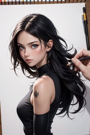 drawing of a girl with long hair and big eyes, in the style of artgerm, todd mcfarlane, high quality photo, light white and black, cartoon-like characters, messy, i can't believe how beautiful this is 