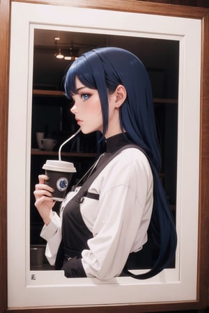 coffee girl with blue hair,monochrome,shogun