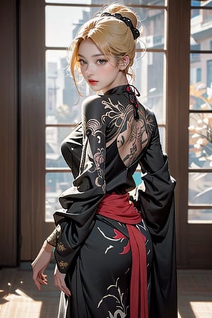 An extremely realistic, full-length image of a stunning woman with lifelike and intricate features is described. She boasts an elaborate tattoo on her back, adding a layer of sophistication. Her attire is influenced by beautiful oriental designs, and the composition embodies the essence of refined anime art. The image is set against a lush, vivid backdrop that enhances her character's appearance, highlighting her elegance and the elaborate tattoo.