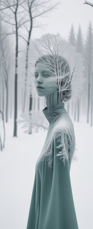 A hauntingly beautiful anachronistic double exposure. A surreal portrait of a figure standing amidst a snowy landscape, with snow-covered trees rising like sentinels in the background. The subject's face is sculpturally solid, yet subtly out of focus. Minimalist composition guides the eye to the center, where light-silver emulsion captures the softness of muted green and creamy white hues.,<lora:659095807385103906:1.0>