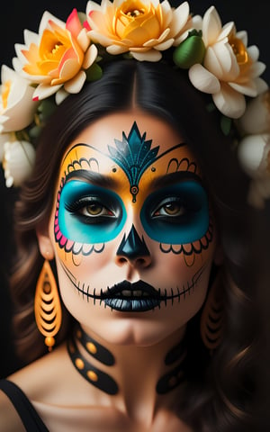 A close-up shot frames the elegant young woman's face, her gaze piercing through the lens as she sports a striking Mexican skull makeup design. A dark yellow hue and subtle textures adorn her visage, resembling a canvas painting. The lotus flowers at her temples seem to bloom in the dimly lit atmosphere, punctuated by neon accents and grunge-inspired mecha details. Her lips form a focal point, surrounded by intricate acrylic brushstrokes and abstract black oil splatters, evoking an air of mystery.
