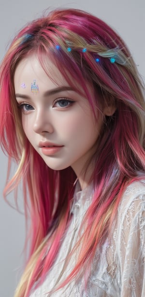 a beautiful European Greek woman monochrome white skin color with colorful hair with neon hieroglyph tattoos with a white monochrome theme on a white backround