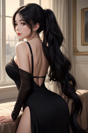 (masterpiece), (best quality), (photographic), (realistic) 1 girl, scenary: glamorous mansion, night lighting, warm lights, soft shadows, black dress, tight-fitting black dress, detailed clothes, pawg, tomboy, , frieren, 1girl, long hair,
, twintails, jewelry, earrings, (back position)