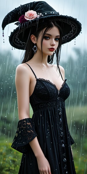 A sultry, 20-year-old beauty lounges in a whimsical, gothic-inspired setting. Her tall, slender physique is accentuated by her long, straight hair that falls wetly down her back, with hints of pastel hues glistening beneath the rain's colorful drops. A oversized hat, adorned with intricate brush strokes, rests atop her head, adding to her allure. Her large breasts are subtly showcased as she gazes off to the side, her half-closed eyes exuding bedroom eyes' sultry charm. The portrait's focus is on her expressive features, radiating a sexy, mysterious air.