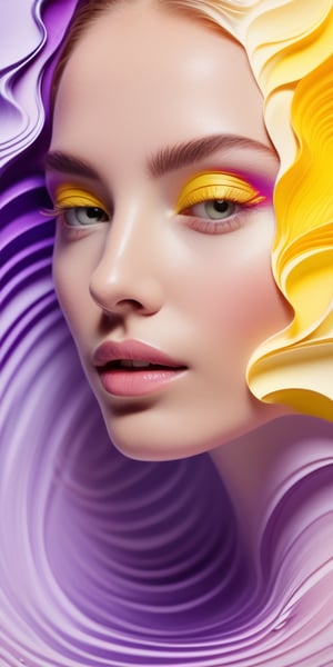 A dreamy portrait of a woman's face, rendered in swirling hues of yellow and purple, evoking the ethereal dance of water molecules. Soft, gradient-tinged lighting emanates from the center, gradually intensifying towards the periphery where intricate patterns burst forth in vibrant colors. The overall texture mimics the rippled surface of water or marbled paper, with gentle light play imbuing the composition with depth and kinetic energy.