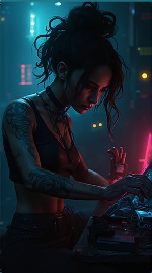 score_9, score_8_up, score_7_up, On the cybernetic streets of Night City, Judy Alvarez from "Cyberpunk 2077" works on a neon-lit tech project. Her tattooed arms and focused gaze accentuate her tech-savvy skills and rebellious allure, making her a standout character in a dystopian world.