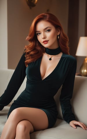 A sultry beauty poses on a plush sofa in a cozy living room. She wears a stunning black dress that accentuates her large breasts and highlights her striking red locks. Long sleeves cover her arms, while the dress's high neckline ensures her navel remains hidden. A delicate black choker adorns her neck, drawing attention to her radiant complexion. With a dynamic pose, she gazes directly at the viewer, exuding confidence and allure under the soft, warm lighting of the room.