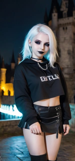 score_9, score_8_up, score_7_up, white hair goth female standing on street posing on castle background, castle background, castle, standing, arm up, outdoor, 1girl, white hair, long hair, blue eyes, pale skin, black lips, black eyeshadow, black eyeliner, white skirt, short skirt, microskirt, choker, spiked collar, black hoodie, long sleeves, crop top, navel, smiling, happy, shy,       fluorescent, lighting  goth girl, goth girl 1girl  retro_neon