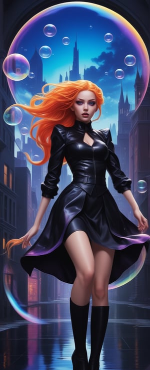 MSchiffer's vibrant illustration depicts an anime villainess amidst a kaleidoscope cityscape. The focal point is her captivating face, framed by floating iridescent soap bubbles and surrounded by swirling colors. Her dark attire contrasts with the electric hues of the urban landscape. A ponytail of fiery locks cascades down her back, held in place by bold gothic makeup. She dons a miniskirt and crop top, exuding confidence as she dominates the cityscape. ((Motion effects: soap bubbles fluttering, hair flowing)) In this mesmerizing scene, League of Legends' dark fantasy meets The Darkest Dungeon's eerie mystique, resulting in an unforgettable visual experience.,<lora:659095807385103906:1.0>