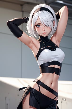 a cute anime girl with white hair and ear buds wears a tight top, 1girl, solo, navel, armpits, short hair, blurry background, arms up, looking at viewer, hair over one eye, white hair, blurry, midriff, breasts, hairband, crop top, elbow gloves, yorha no. 2 type b, shirt