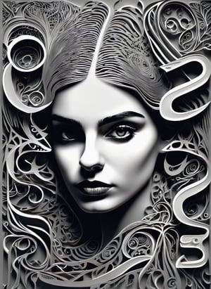 Typographic art vivid, abstract, surreal, shadows, 20 years old Maltese young woman, otherworldly background, eldritch, :|, meadow, uncontested beauty, Viper, dangerous, (Legendary Gray outline), . Stylized, intricate, detailed, artistic, text-based illustration, concept art, trending on cgsociety, trending on artstation