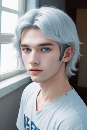 Photo in Raw, Fashion photo essay, a 20-year-old male model, white hair, light blue eyes, room with natural light, comfortable clothes, with contour light in the hair and soft light on the face, portrait plane, high quality, Sony A7III, 8k, 80mm 1.2 lens