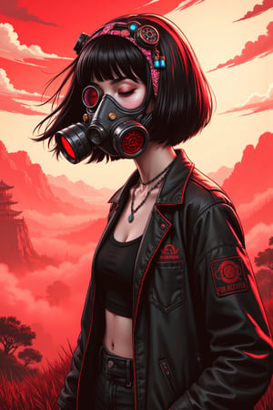 (reddish vaporwae tone), abstract style, exquisite art, digital illustration, Ukiyo-E, comic style, fashion, street art, vintage, a girl with short black hair with bangs, wearing neon ornaments in her hair, an open black jacket, necklaces, hair blowing in the wind, eyes closed, is standing on a grassy cliff, smiling and holding a gas mask with a red visor in her hand, and around her is a red and white fog, a cloudy dystopian day.