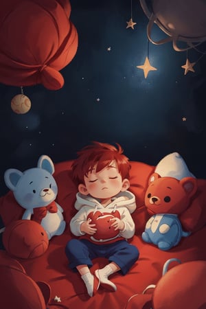 simple art of a sleeping toddler boy with short wavy red hair wearing a hoodie, holding  a   stuffed animal. dreamlike, stars, swirls, galaxy, minimalistic, kid, simple illustration style from kids book. 