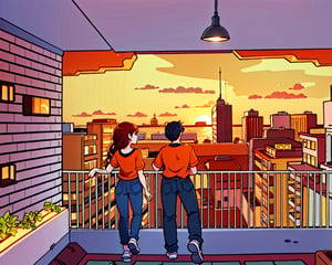 couple_(romantic),romantic_duo, two people watching the sunset on an apartment balcony, warm colors, orange, long black hair girl, thin girl