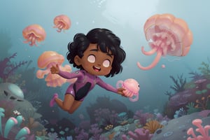 a black explorer girl in a dive suit found a small pink jellyfish hidden deep beneath the ocean, adventure, illustration, happy, cute, cartoon, character, comics, 1 girl