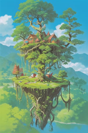 huge green treehouse floating in a valley, in a vivid fantasy world, vibrant green