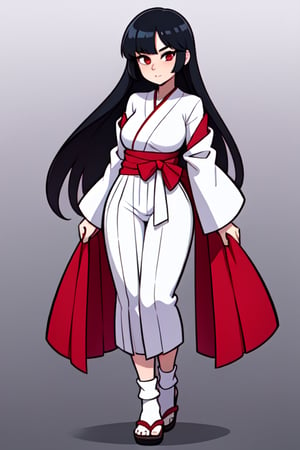 1GIRL, (thick_hips:0.8), red_eyes, black_hair, straight_long_hair, (white gi, red hakama, socks, sandals), standing, looking_at_viewer, hands on waist, full_body, sexy, beautiful, perfect, attractive