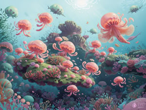 pink jellyfish hidden deep beneath the ocean, adventure, illustration, cute, cartoon, comics, seabed, marine scenery, corals, algae,