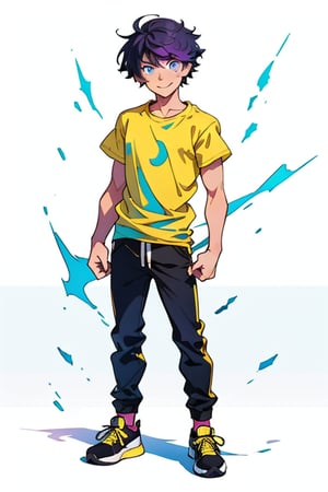 masterpiece, best quality, 1boy, arms at sides, masculine, short-hair, clenched hands, yellow t-shirt, full body, black deportive shoes, blue eyes, purple hair, thunder in the hands, looking at viewer, male focus, | simple background, smile, solo, standing, white background 