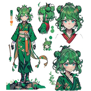 (CharacterSheet:1.2), 1 girl, solo, green eyes, ((((green hair:1.2)))) ,((black kongming suit)),short hair, light smile,muscle_body, strong, fullbody red_bodysuit with green details,casual_wear, gloves, boots, pants, shirt, short-hair,multiple views (full_body(front_view, back_view),uper_body(front_view, left_view, right_view)),(white background, simple background:1.2),(dynamic_pose:1.2),(masterpiece:1.2), (best quality, highest quality), (ultra detailed), (8k, 4k, intricate), (50mm), (highly detailed:1.2),(detailed face:1.2), detailed_eyes,(gradients),(ambient light:1.3),(cinematic composition:1.3),(HDR:1),Accent Lighting,extremely detailed,original, highres,(perfect_anatomy:1.2), perfect_face:1.2, detailed_anatomy, full_body,, , ,kongming suit,long skirt,sarashi,guanhelmet,senti,china dress with heart cutout,fu hua,chinese clothes,yifu,floral print,hanfu,chinese clothe,print robe,1girl,TatsumakiOPM