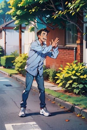 drawing of a man, with both arms raised, funny face, very big eyes, wearing a blue jean long sleeve shirt , blue jean pants, black and white vans shoes
