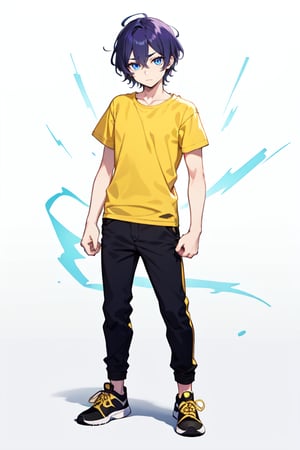 masterpiece, best quality, 1boy, arms at sides, masculine, short-hair, clenched hands, yellow t-shirt, full body, black deportive shoes, blue eyes, purple hair, thunder in the hands, looking at viewer, male focus, | simple background, smile, solo, standing, white background 