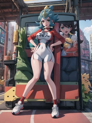 A woman, a Pokémon trainer, is wearing a runner's outfit, a white lycra shirt with red sleeves and a pokéball emblem in the center of the shirt. She is wearing red lycra shorts and white sneakers, and is wearing a runner's helmet on her head. Her breasts are absurdly gigantic. She has short, blue hair in the Chanel style, with a very long fringe covering her left eye. She is looking directly at the viewer. The woman is at a train station with many structures, television advertising panels, and drink machines. Many Pokémon of different types and colors are around her, (a woman is striking a sensual pose, interacting and leaning on any available object/structure in the scene), maximum sharpness, UHD, 16K, anime style, best possible quality, ultra detailed, best possible resolution, (full body:1.5), Unreal Engine 5, professional photography, perfect_thighs, perfect_legs, perfect_feet, perfect hand, fingers, hand, perfect, better_hands, ((pokémon)), more detail