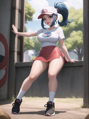 A beautiful Pokemon trainer, wearing a white t-shirt with a PokeBall design, and a red skirt with white stripes. She wears white spandex socks and black sneakers. She has gigantic breasts and blue hair. Her hair is tied in a ponytail, it is short and she wears a cap. The fringe of her hair covers her eyes. She is looking directly at the viewer. She is in a Pokemon Center, which is full of moving machines, Pokemon, windows, and large structures.. (She is striking a sensual pose, leaning on anything or object, resting and leaning against herself over it), perfect, ((full body)), UHD, best possible quality, ultra detailed, best possible resolution, Unreal Engine 5, professional photography, perfect hand, fingers, hand, perfect, More detail. ((pokemon))