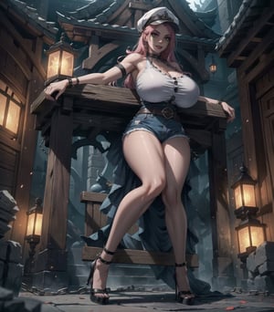 Masterpiece in UHD, with sharp details, incorporating elements from the Tomb Raider, Horror, and Terror styles. | In the dark setting of an ancient temple, a 20-year-old woman captivates the viewer's gaze. Wearing an extremely short white top, short denim shorts, a thick metal chain cinched at the waist, red high-heeled shoes, and metal bracelets, she exudes an evil aura. Her purple eyes stare directly at the viewer, while her sinister smile intensifies the atmosphere of horror. Her spiky pink hair is accentuated by a blue cap with metal chains. The woman is strategically positioned among altars, stone structures, pillars, and wood, creating a visually stunning composition. | Cinematic lighting highlights every dark detail, while effects such as cinematic toning and ethereal light emphasize the atmosphere of terror. The woman, with her evil expression, creates an intriguing and frightening scene. | A sinister woman in an ancient temple, looking directly at the viewer, shrouded in an atmosphere of horror. | She has gigantic breasts. | {The camera is positioned very close to her, revealing her entire body as she adopts a sensual_pose, interacting with and boldly leaning on a structure in the scene in an exciting way} | She is adopting a ((sensual_pose as interacts, boldly leaning on a structure, leaning back in an exciting way):1.3), ((perfect_pose):1.3), ((full body)), ((perfect_fingers, better_hands, perfect_hands, perfect_legs):0.7), More Detail, 