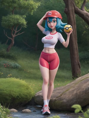 A woman, a Pokémon trainer, is wearing a runner's outfit, a white lycra shirt with red sleeves and a pokéball emblem in the center of the shirt. She is wearing red lycra shorts and white sneakers, and is wearing a runner's helmet on her head. Her breasts are absurdly gigantic. She has short, blue hair in the Chanel style, with a very long fringe covering her left eye. She is looking directly at the viewer. The woman is in a forest in the mountains at night, raining heavily, with many trees, tree trunks, a waterfall, and many large rocks. Many Pokémons of different types and colors are around her, ((a woman is striking a sensual pose, interacting and leaning on any available object/structure in the scene)), maximum sharpness, UHD, Fullhd, 16K, anime style, best possible quality, ultra detailed, best possible resolution,  Unreal Engine 5, ((full body)), professional photography, perfect_thighs, perfect_legs, perfect_feet, perfect hand, fingers, hand, perfect, better_hands, ((Pokémon)), more detail