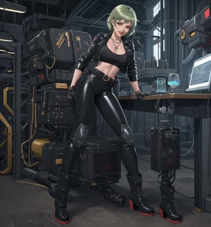 A sci-fi, mecha, adventure, futuristic and technological masterpiece rendered in ultra-high resolution with graphic detail. | A beautiful and sensual 26 year old woman named Mika, wearing a sexy Mecha costume consisting of a black leather jacket with silver details, black leather pants with silver details, black leather belt with silver gear-shaped buckle, boots high top in black leather with silver details and black leather gloves. She also has accessories such as a pair of silver gear-shaped earrings, a gold necklace with a robot-shaped pendant, leather and steel bracelets on her hands, and a silver ring with a small diamond on her right hand. Her short, shaggy green hair has a modern, stylish cut. Her red eyes are looking at the viewer with a seductive expression, while she smiles with her mouth open, showing her teeth and wearing red lipstick. She is standing on the floor, in a laboratory, with steel and glass structures, high-tech machines and equipment, a work table with robot plans and a computer screen. | The image highlights Mika's imposing and sensual figure, her curves and the accessories she wears. The scene's soft, cool lighting highlights the scene's details and creates dramatic shadows. | Soft, moody lighting effects create a sensual and mysterious atmosphere, while detailed textures on skin, fabrics and structures add realism to the image. | A sensual, futuristic scene of a beautiful woman wearing a sexy Mecha suit in a high-tech laboratory, exploring themes of adventure, desire, seduction and science fiction. | (((((The image reveals a full-body shot as she assumes a sensual pose, engagingly leaning against a structure within the scene in an exciting manner. She takes on a relaxed pose as she interacts, boldly leaning on a structure, leaning back in an exciting way))))). | ((full-body shot)), ((perfect body)), ((perfect pose)), ((perfect fingers, better hands, perfect hands)), ((perfect legs, perfect feet)), ((huge breasts, big natural breasts, sagging breasts)), ((perfect design)), ((perfect composition)), ((very detailed scene, very detailed background, perfect layout, correct imperfections)), ((More Detail, Enhance))