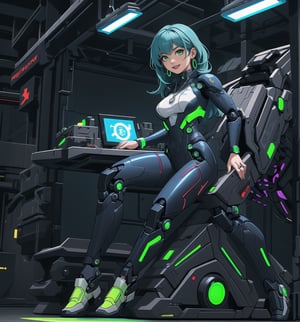 A masterpiece of digital art in Adventure, Sci-Fi, Cyberpunk and Mecha styles. | Akira, a 28-year-old woman, wears a silver and blue mecha suit, with neon green details. The costume is form-fitting and has several moving parts, highlighting his athletic and muscular figure. She also wears a pair of silver earrings with gear-shaped pendants, a stainless steel necklace with a triangle-shaped pendant, black leather bracelets on her hands, and a titanium ring with a small green crystal on her left hand. Her short, shaggy blue hair is styled in a way that highlights her sensual features. Her green eyes shine with confidence and intelligence as she ((smiles)) at the viewer, showing off her bright white teeth and dark purple painted lips. She is in an ultra-technological laboratory, striking a confident and powerful pose. The place is lit by bright LED lights, with technological and metallic structures, machines, robots and high-tech equipment spread across the floor. The atmosphere is electric and full of energy, with Akira at the center of it all, ready to take on any challenge. | (((((The image reveals a full-body shot as she assumes a sensual pose, engagingly leaning against a structure within the scene in an exciting manner. She takes on a sensual pose as she interacts, boldly leaning on a structure, leaning back in an exciting way.))))). | ((full-body shot)), ((perfect pose)), ((perfect fingers, better hands, perfect hands)), ((perfect legs, perfect feet)), ((huge breasts)), ((perfect design)), ((perfect composition)), ((very detailed scene, very detailed background, perfect layout, correct imperfections)), More Detail, Enhance