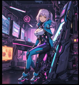 An ultra-detailed 16K masterpiece with cyberpunk and anime styles, rendered in ultra-high resolution with graphic detail. | A young 25-year-old woman is dressed in a silver-colored mecha suit with electric blue details. The costume features rugged armor, a hooded cape, tall boots, and gloves with retractable claws. She has short pink hair, with big bangs, two long pigtails and luminous barrettes. She has yellow eyes, is looking at the viewer, while ((smiling, showing her teeth)). She is in a futuristic laboratory, surrounded by futuristic structures, metal structures and high-tech computers. Blue and violet neon lighting casts complex shadows across the room. | The scene highlights the powerful and chic figure of the young woman, contrasting with the cold and technological environment of the laboratory. The details of the mecha suit and neon lights are highlighted by the complex shadows. | Colorful neon lighting effects and complex shadows create a futuristic and lively atmosphere, while detailed textures on the costume and skin add realism to the image. | A dynamic, lively scene of a young woman in the mecha suit in a futuristic laboratory, exploring themes of technology, power and style. | (((((The image reveals a full-body shot as she strikes a sensual pose, engagingly leaning against a structure within the scene in a thrilling manner. As she leans back, she assumes a sensual pose, leaning against the structure and reclining in an exciting way.))))). | ((full-body shot)), ((perfect pose)), ((perfect fingers, better hands, perfect hands)), ((perfect legs, perfect feet)), ((huge breasts)), ((perfect design)), ((perfect composition)), ((very detailed scene, very detailed background, perfect layout, correct imperfections)), More Detail, Enhance