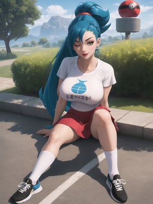 A beautiful Pokemon trainer and (1Pokemon), wearing a white t-shirt with a PokeBall design, and a red skirt with white stripes. She wears white spandex socks and black sneakers. She has gigantic breasts and blue hair. Her hair is tied in a ponytail, it is short and she wears a cap. The fringe of her hair covers her eyes. She is looking directly at the viewer. She is in a Pokemon Center, which is full of moving machines, Pokémon, windows.. (She is striking a sensual pose, leaning on anything or object, resting and leaning against herself over it), ((full body)), pokemon, UHD, best possible quality, ultra detailed, best possible resolution, Unreal Engine 5, professional photography, perfect hand, fingers, hand, perfect, More detail.