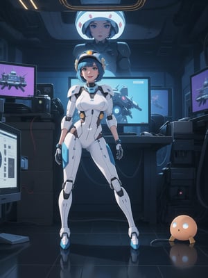 A woman, wearing Cinto Tico costume+robotic+mecha all white+small parts in blue, gigantic breasts, (helmet with visor), blue hair, spiky hair, short hair, hair with bangs in front of her eyes, she is in an alien ship, with elevators, computers, luminous pipes, machines, slimes, Windows, 16K, UHD, best possible quality, ultra detailed, best possible resolution, ultra technological, futuristic, robotic, Unreal Engine 5, professional photography, she is, ((sensual pose with interaction and leaning on anything + object + on something + leaning against)) + perfect_thighs, perfect_legs, perfect_feet, better_hands, ((full body)), More detail,