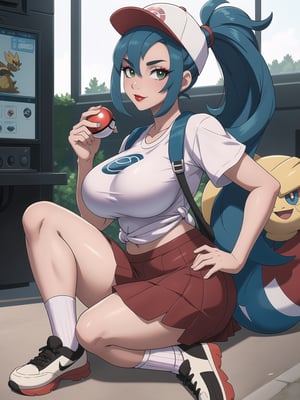 A beautiful Pokemon trainer and Pokemon, wearing a white t-shirt with a PokeBall design, and a red skirt with white stripes. She wears white spandex socks and black sneakers. She has gigantic breasts and blue hair. Her hair is tied in a ponytail, it is short and she wears a cap. The fringe of her hair covers her eyes. She is looking directly at the viewer. She is in a Pokemon Center, which is full of moving machines, Pokémon, windows, and large structures.. (She is striking a sensual pose, leaning on anything or object, resting and leaning against herself over it), perfect, ((full body)), ((pokémon)), UHD, best possible quality, ultra detailed, best possible resolution, Unreal Engine 5, professional photography, perfect hand, fingers, hand, perfect, More detail.