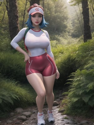 A woman, a Pokémon trainer, is wearing a runner's outfit, a white lycra shirt with red sleeves and a pokéball emblem in the center of the shirt. She is wearing red lycra shorts and white sneakers, and is wearing a runner's helmet on her head. Her breasts are absurdly gigantic. She has short, blue hair in the Chanel style, with a very long fringe covering her left eye. She is looking directly at the viewer. The woman is in a forest in the mountains at night, raining heavily, with many trees, tree trunks, a waterfall, and many large rocks. Many Pokémons of different types and colors are around her, (a woman is striking a sensual pose, interacting and leaning on any available object/structure in the scene), maximum sharpness, UHD, Fullhd, 16K, anime style, best possible quality, ultra detailed, best possible resolution,  Unreal Engine 5, ((full body)), professional photography, perfect_thighs, perfect_legs, perfect_feet, perfect hand, fingers, hand, perfect, better_hands, ((pokémon)), more detail