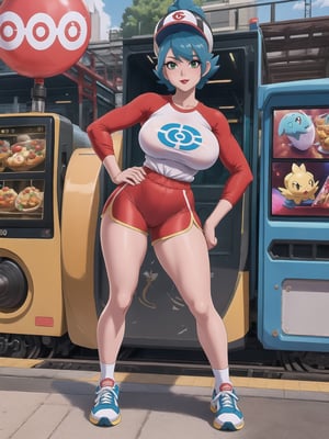 A woman, a Pokémon trainer, is wearing a runner's outfit, a white lycra shirt with red sleeves and a pokéball emblem in the center of the shirt. She is wearing red lycra shorts and white sneakers, and is wearing a runner's helmet on her head. Her breasts are absurdly gigantic. She has short, blue hair in the Chanel style, with a very long fringe covering her left eye. She is looking directly at the viewer. The woman is at a train station with many structures, television advertising panels, and drink machines. Many Pokémon of different types and colors are around her, (a woman is striking a sensual pose, interacting and leaning on any available object/structure in the scene), maximum sharpness, UHD, 16K, anime style, best possible quality, ultra detailed, best possible resolution, (full body:1.5), Unreal Engine 5, professional photography, perfect_thighs, perfect_legs, perfect_feet, perfect hand, fingers, hand, perfect, better_hands, (pokémon), more detail