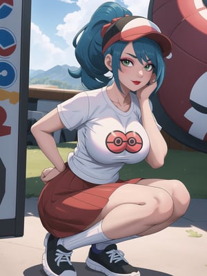 (A beautiful Pokemon trainer and 1Pokemon), wearing a white t-shirt with a PokeBall design, and a red skirt with white stripes. She wears white spandex socks and black sneakers. She has gigantic breasts and blue hair. Her hair is tied in a ponytail, it is short and she wears a cap. The fringe of her hair covers her eyes. She is looking directly at the viewer. She is in a Pokemon Center, which is full of moving machines, Pokémon, windows, and large structures.. (She is striking a sensual pose, leaning on anything or object, resting and leaning against herself over it), perfect, ((full body)), (pokemon), UHD, best possible quality, ultra detailed, best possible resolution, Unreal Engine 5, professional photography, perfect hand, fingers, hand, perfect, More detail.