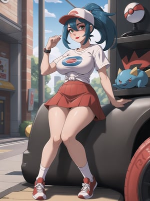 A beautiful Pokemon trainer and Pokemon, wearing a white t-shirt with a PokeBall design, and a red skirt with white stripes. She wears white spandex socks and black sneakers. She has gigantic breasts and blue hair. Her hair is tied in a ponytail, it is short and she wears a cap. The fringe of her hair covers her eyes. She is looking directly at the viewer. She is in a Pokemon Center, which is full of moving machines, Pokémon, windows, and large structures.. (She is striking a sensual pose, leaning on anything or object, resting and leaning against herself over it), perfect, ((full body)), ((pokémon)), UHD, best possible quality, ultra detailed, best possible resolution, Unreal Engine 5, professional photography, perfect hand, fingers, hand, perfect, More detail.