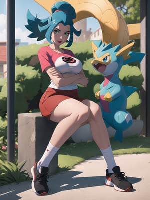 A beautiful Pokemon trainer, wearing a white t-shirt with a PokeBall design, and a red skirt with white stripes. She wears white spandex socks and black sneakers. She has gigantic breasts and blue hair. Her hair is tied in a ponytail, it is short and she wears a cap. The fringe of her hair covers her eyes. She is looking directly at the viewer. She is in a Pokemon Center, which is full of moving machines, Pokemon, windows, and large structures.. (She is striking a sensual pose, leaning on anything or object, resting and leaning against herself over it), perfect, ((full body)), ((pokemon)), UHD, best possible quality, ultra detailed, best possible resolution, Unreal Engine 5, professional photography, perfect hand, fingers, hand, perfect, More detail. 