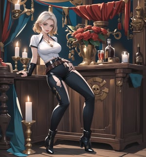 A masterpiece of adventure, fantasy, pirate, romance, and supernatural themes rendered in ultra-high resolution with graphic details. | A beautiful and sensual 28-year-old woman named Scarlett is wearing a sexy Pirate costume consisting of a short-sleeved white shirt with black details, fitted black fabric pants with white details, a leather belt with a silver anchor-shaped buckle, black high-heeled boots with white details, and black fabric gloves. She also has accessories such as a pair of silver starfish-shaped earrings, a gold necklace with an anchor-shaped pendant, leather and bead bracelets on her hands, and a silver ring with a small ruby on her right hand. Her short and messy blonde hair has a modern and stylish cut. Her green eyes are looking at the viewer with a seductive expression, as she smiles with her mouth open, showing her teeth and wearing red lipstick. She is standing on the ground, in a pirate house, with wooden structures, candles, antique maps, a bottle of rum, and a sword. | The image highlights Scarlett's imposing and sensual figure, her curves, and the accessories she wears. The warm and soft lighting of the scene enhances the details of the setting and creates dramatic shadows. | Soft and dark lighting effects create a sensual and mysterious atmosphere, while detailed textures on the skin, fabrics, and structures add realism to the image. | A sensual and romantic scene of a beautiful woman wearing a sexy Pirate costume in a pirate house, exploring themes of adventure, desire, seduction, and fantasy. | (((((The image reveals a full-body shot as she assumes a sensual pose, engagingly leaning against a structure within the scene in an exciting manner. She takes on a relaxed pose as she interacts, boldly leaning on a structure, leaning back in an exciting way))))). | ((full-body shot)), ((perfect body)), ((perfect pose)), ((perfect fingers, better hands, perfect hands)), ((perfect legs, perfect feet)), ((huge breasts, big natural breasts, sagging breasts)), ((perfect design)), ((perfect composition)), ((very detailed scene, very detailed background, perfect layout, correct imperfections)), ((More Detail, NDP)),