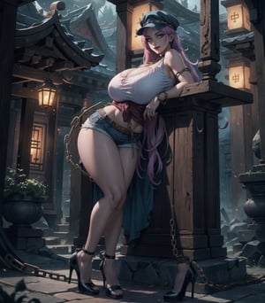 Masterpiece in UHD, with sharp details, incorporating elements from the Tomb Raider, Horror, and Terror styles. | In the dark environment of an ancient temple, a 20-year-old woman captivates the viewer. Wearing an extremely short white top, short denim shorts, a thick metallic chain around her waist, red high heels, and metal bracelets, she exudes an evil aura. Her purple eyes fix directly on the viewer, while her malicious smile intensifies the horror atmosphere. Her spiked pink hair is accentuated by a blue cap with metal chains. The woman is strategically positioned among altars, stone structures, pillars, and wood, creating a visually stunning composition. | Cinematic lighting highlights every dark detail, while effects such as cinema toning and ethereal light emphasize the atmosphere of terror. The woman, with her evil expression, creates an intriguing and frightening scene. | A sinister woman in an ancient temple, looking directly at the viewer, shrouded in an atmosphere of horror. She has gigantic breasts. | {The camera is positioned very close to her, revealing her entire body as she adopts a sensual_pose, interacting with and leaning on a structure in the scene in an exciting way} | She is adopting a ((sensual_pose as interacts, boldly leaning on a structure, leaning back in an exciting way):1.3), ((perfect_pose):1.3), ((full body)), ((perfect_fingers, better_hands, perfect_hands, perfect_legs):0.7), More Detail,perfect