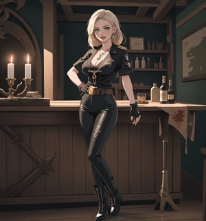 A masterpiece of adventure, fantasy, pirate, romance, and supernatural themes rendered in ultra-high resolution with graphic details. | A beautiful and sensual 28-year-old woman named Scarlett is wearing a sexy Pirate costume consisting of a short-sleeved white shirt with black details, fitted black fabric pants with white details, a leather belt with a silver anchor-shaped buckle, black high-heeled boots with white details, and black fabric gloves. She also has accessories such as a pair of silver starfish-shaped earrings, a gold necklace with an anchor-shaped pendant, leather and bead bracelets on her hands, and a silver ring with a small ruby on her right hand. Her short and messy blonde hair has a modern and stylish cut. Her green eyes are looking at the viewer with a seductive expression, as she smiles with her mouth open, showing her teeth and wearing red lipstick. She is standing on the ground, in a pirate house, with wooden structures, candles, antique maps, a bottle of rum, and a sword. | The image highlights Scarlett's imposing and sensual figure, her curves, and the accessories she wears. The warm and soft lighting of the scene enhances the details of the setting and creates dramatic shadows. | Soft and dark lighting effects create a sensual and mysterious atmosphere, while detailed textures on the skin, fabrics, and structures add realism to the image. | A sensual and romantic scene of a beautiful woman wearing a sexy Pirate costume in a pirate house, exploring themes of adventure, desire, seduction, and fantasy. | (((((The image reveals a full-body shot as she assumes a sensual pose, engagingly leaning against a structure within the scene in an exciting manner. She takes on a relaxed pose as she interacts, boldly leaning on a structure, leaning back in an exciting way))))). | ((full-body shot)), ((perfect body)), ((perfect pose)), ((perfect fingers, better hands, perfect hands)), ((perfect legs, perfect feet)), ((huge breasts, big natural breasts, sagging breasts)), ((perfect design)), ((perfect composition)), ((very detailed scene, very detailed background, perfect layout, correct imperfections)), ((More Detail, Enhance)),Enhance