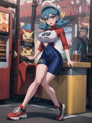 A woman, a Pokémon trainer, is wearing a runner's outfit, a white lycra shirt with red sleeves and a pokéball emblem in the center of the shirt. She is wearing red lycra shorts and white sneakers, and is wearing a runner's helmet on her head. Her breasts are absurdly gigantic. She has short, blue hair in the Chanel style, with a very long fringe covering her left eye. She is looking directly at the viewer. The woman is at a train station with many structures, television advertising panels, and drink machines. Many Pokémon of different types and colors are around her, (a woman is striking a sensual pose, interacting and leaning on any available object/structure in the scene), maximum sharpness, UHD, 16K, anime style, best possible quality, ultra detailed, best possible resolution, ((full body)), Unreal Engine 5, professional photography, perfect_thighs, perfect_legs, perfect_feet, perfect hand, fingers, hand, perfect, better_hands, ((pokémon)), more detail
